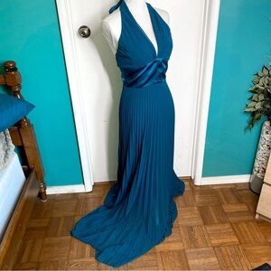 ABS Allen Schwartz Long Teal Blue Halter Evening Gown 4